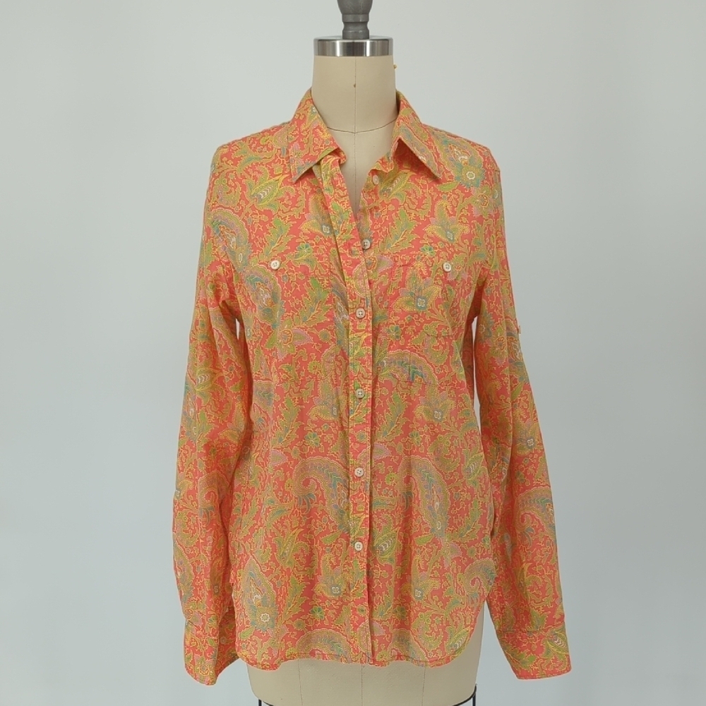 Lauren Ralph Lauren Paisley Button Down Shirt Orange S bohemian coastal grandma